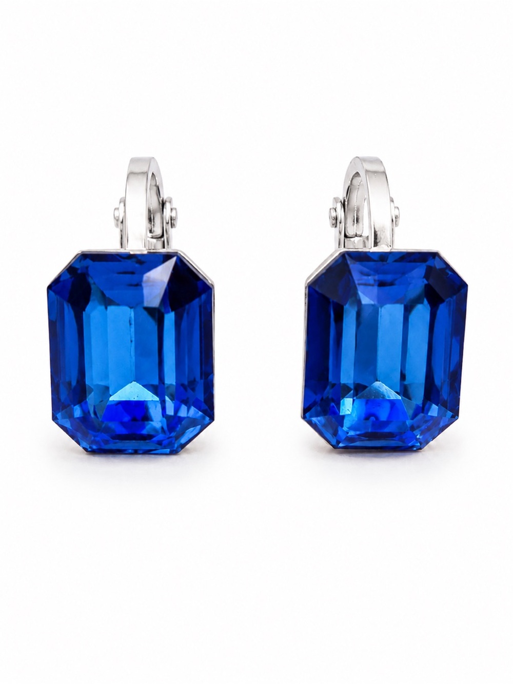 Vintage Cobalt Blue Emerald Cut Crystal Clip-On Earrings Silver Tone